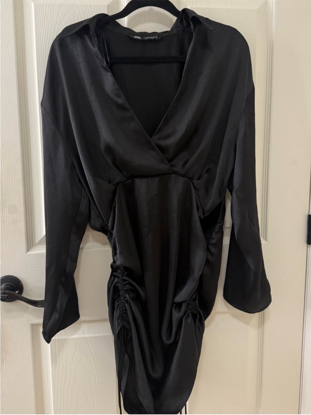 Black Satin Ruched Mini Dress